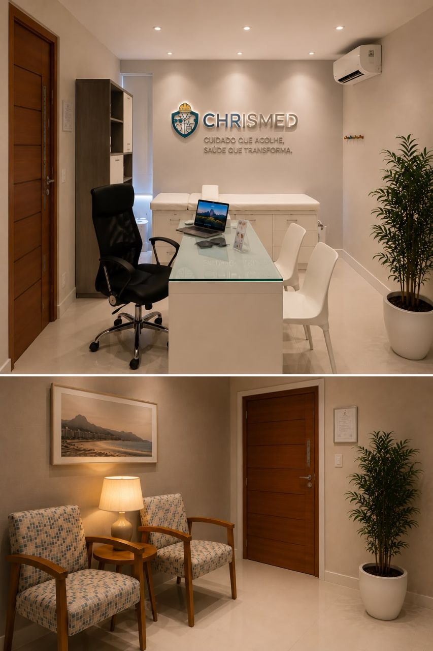 Consultório CHRISMED em Copacabana — sala de espera reservada e sala clínica