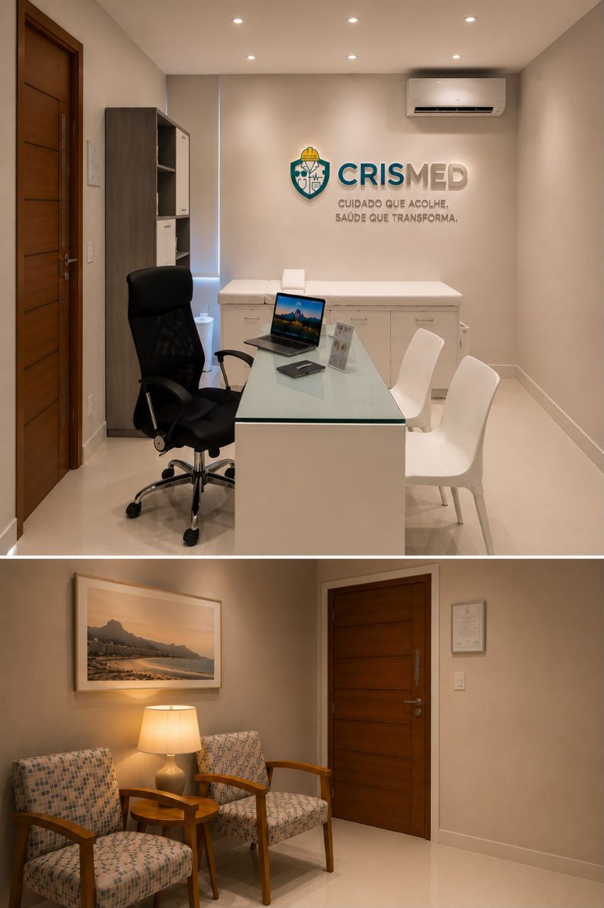 Consultório CHRISMED em Copacabana — sala de espera reservada e sala clínica